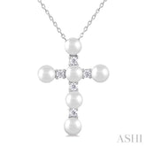 4 MM Cross Cultured Pearl and 1/6 ctw Round Cut Diamond Fashion Pendant With Chain in 10K White Gold