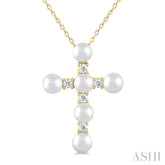 4 MM Cross Cultured Pearl and 1/6 ctw Round Cut Diamond Fashion Pendant With Chain in 10K Yellow Gold