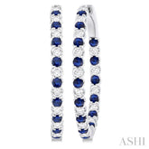 2.3 MM Round Sapphire and 1 1/2 ctw Round Cut Diamond Inside & Outside Alternating Precious Hoop Earrings in 14K White Gold