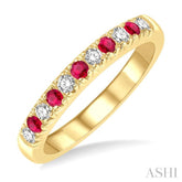 2 MM Ruby and 1/5 ctw Round Cut Diamond Precious Wedding Band in 14K Yellow Gold