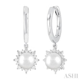 5.5 MM Round shape Cultured Pearls and 1/5 ctw Round Cut Diamond Petite Fashion Huggies in 10K White Gold