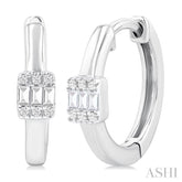 1/10 ctw Petite Rectangular Center Fusion Baguette and Round Cut Diamond Fashion Huggies in 10K White Gold