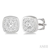 1/3 ctw Cushion Shape Round Cut Diamond Lovebright Bezel Stud Earring in 14K White Gold