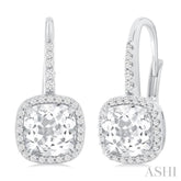 7X7 MM Cushion Cut White Topaz and 1/4 ctw Round Cut Diamond Halo Semi Precious Earring in 14K White Gold
