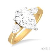 1/2 ctw Tri-Mount Centerpiece Pear and Round Cut Diamond Semi Mount Engagement Ring in 14K Yellow and White Gold