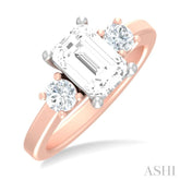 1/2 ctw Tri-Mount Emerald Shape Center Round Cut Diamond Semi Mount Engagement Ring in 14K Rose and White Gold