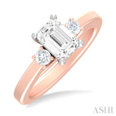 1/4 ctw Tri-Mount Emerald Shape Center Round Cut Diamond Semi Mount Engagement Ring in 14K Rose and White Gold