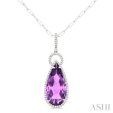 22X10 MM Pear Cut Amethyst and 1/3 ctw Round Cut Diamond Halo Semi Precious Pendant With Chain in 14K White Gold