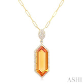 26x10 MM Hexagon Shape Citrine and 1/2 ctw Round Cut Diamond Halo Semi-Precious Pendant With Chain in 14K Yellow Gold