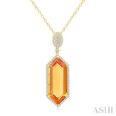 26x10 MM Hexagon Shape Citrine and 1/2 Ctw Round Cut Diamond Halo Semi-Precious Pendant With Chain in 14K Yellow Gold