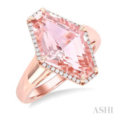 16x10 MM Hexagon Shape Morganite and 1/10 ctw Round Cut Diamond Halo Semi Precious Ring in 14K Rose Gold