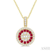 1.35 MM Round Shape Ruby and 1/4 ctw Baguette and Round Cut Diamond Precious Pendant With Chain in 14K Yellow Gold