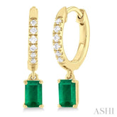 5x3 MM Emerlad Cut Emerald and 1/8 ctw Round Cut Diamond Precious Petite Fashion Huggies in 10K Yellow Gold