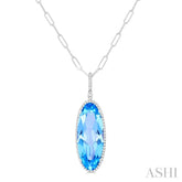 26x10 MM Oval Cut Blue Topaz and 1/3 ctw Round Cut Diamond Semi Precious Pendant With Chain in 14K White Gold