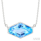 16x10 MM Hexagon Shape Blue Topaz and 1/10 ctw Round Cut Diamond Halo Semi Precious Pendant With Chain in 14K White Gold