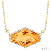 16x10 MM Hexagon Shape Citrine and 1/10 ctw Round Cut Diamond Halo Semi Precious Pendant With Chain in 14K Yellow Gold