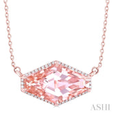 16x10 MM Hexagon Shape Morganite and 1/10 ctw Round Cut Diamond Halo Semi Precious Pendant With Chain in 14K Rose Gold