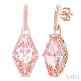 16x10 MM Hexagon Shape Morganite and 1/4 ctw Round Cut Diamond Halo Semi Precious Earrings in 14K Rose Gold