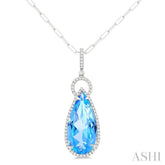 22X10 MM Pear Cut Blue Topaz and 1/3 ctw Round Cut Diamond Halo Semi Precious Pendant With Chain in 14K White Gold