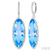 20x8 MM Oval Cut Blue Topaz and 1/2 ctw Round Cut Diamond Halo Semi Precious Earrings in 14K White Gold
