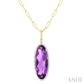 26x10 MM Oval Cut Amethyst and 1/3 ctw Round Cut Diamond Semi Precious Pendant With Chain in 14K Yellow Gold