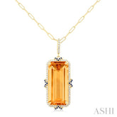 22x10 MM Emerald Cut Citrine and .80 MM Sapphire & 1/5 ctw Round Cut Diamond Halo Precious & Semi-Precious Pendant With Chain in 14K Yellow Gold
