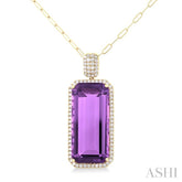 26x12 MM Emerald Cut Amethyst and 1/2 ctw Round Cut Diamond Halo Semi Precious Pendant With Paperclip Chain in 14K Yellow Gold