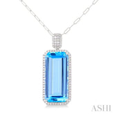 26x12 MM Emerald Cut Blue Topaz and 1/2 ctw Round Cut Diamond Halo Semi Precious Pendant With Paperclip Chain in 14K White Gold