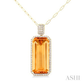 26x12 MM Emerald Cut Citrine and 1/2 ctw Round Cut Diamond Halo Semi Precious Pendant With Paperclip Chain in 14K Yellow Gold