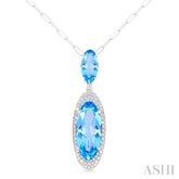 18x8 MM & 10x5 MM Oval Cut Blue Topaz and 1/3 ctw Round Cut Diamond Halo Semi Precious Pendant With Chain in 14K White Gold