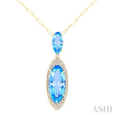 18x8 MM & 10x5 MM Oval Cut Blue Topaz and 1/3 ctw Round Cut Diamond Halo Semi Precious Pendant With Chain in 14K Yellow Gold