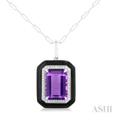 14x10 MM Emerald Cut Amethyst and 1/5 ctw Round Cut Diamond Halo & Black Enamel Border Semi Precious Pendant With Chain in 14K White Gold
