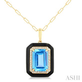 14x10 MM Emerald Cut Blue Topaz and 1/5 ctw Round Cut Diamond Halo & Black Enamel Border Semi Precious Pendant With Chain in 14K Yellow Gold