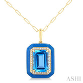 14x10 MM Emerald Cut Blue Topaz and 1/5 ctw Round Cut Diamond Halo & Blue Enamel Border Semi Precious Pendant With Chain in 14K Yellow Gold
