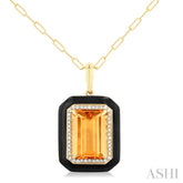 14x10 MM Emerald Cut Citrine and 1/5 ctw Round Cut Diamond Halo & Black Enamel Border Semi Precious Pendant With Chain in 14K Yellow Gold