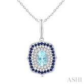7x5 MM Oval Cut Aquamarine, 1.25MM Sapphire and 1/3 ctw Round Cut Diamond Halo Precious and Semi Precious Fashion Pendant With Chain in 14K White Gold