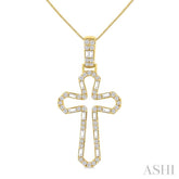 1/2 ctw Open Window Cross Frame Baguette and Round Cut Diamond Fashion Pendant With Chain in 10K Yellow Gold