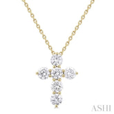 3/4 ctw Round Cut Diamond Christian Cross 6-Stone Fashion Pendant With Chain in 14K Yellow Gold