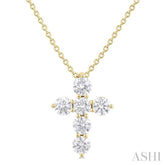 1/2 ctw Round Cut Diamond Christian Cross 6-Stone Fashion Pendant With Chain in 14K Yellow Gold