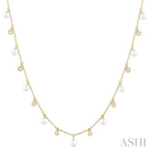 4 MM Round Shape Cultured Pearl and 1/4 ctw Round Cut Diamond Station Necklace in 14K Yellow Gold