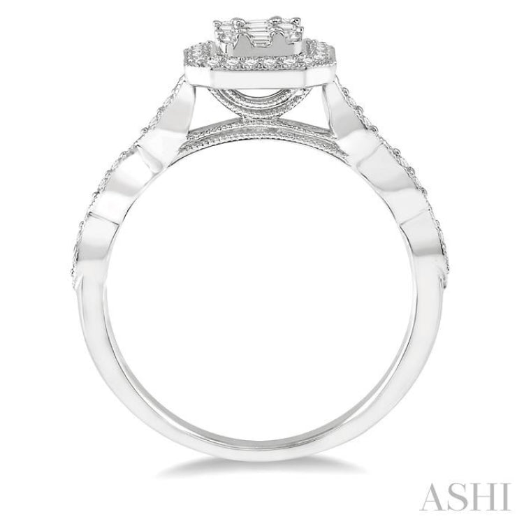 3/8 ctw Emerald Shape Round Cut and Baguette Diamond Fusion Engagement Ring in 14K White Gold