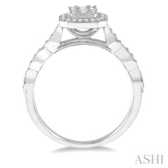 3/8 ctw Emerald Shape Round Cut and Baguette Diamond Fusion Engagement Ring in 14K White Gold