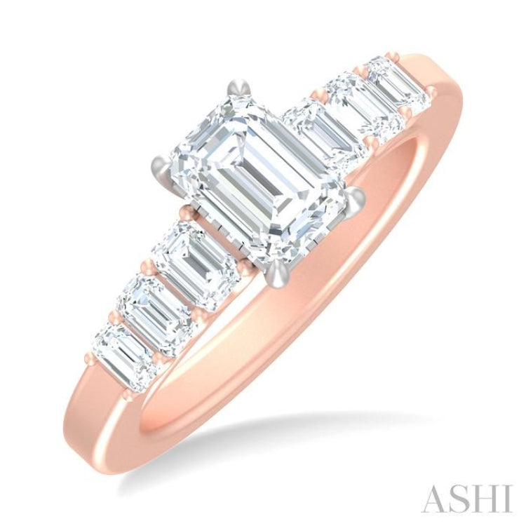 1 ctw Emerald Shape Emerald and Round Cut Diamond Semi Mount Engagement Ring in 14K Rose and White Gold