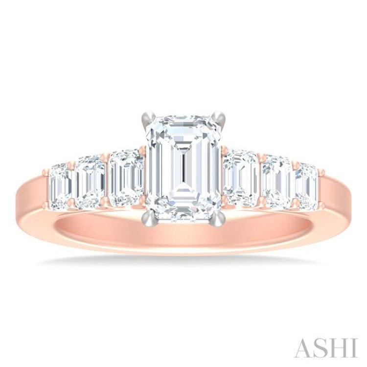 1 ctw Emerald Shape Emerald and Round Cut Diamond Semi Mount Engagement Ring in 14K Rose and White Gold