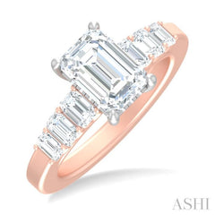 1 ctw Emerald Shape Emerald and Round Cut Diamond Semi Mount Engagement Ring in 14K Rose and White Gold