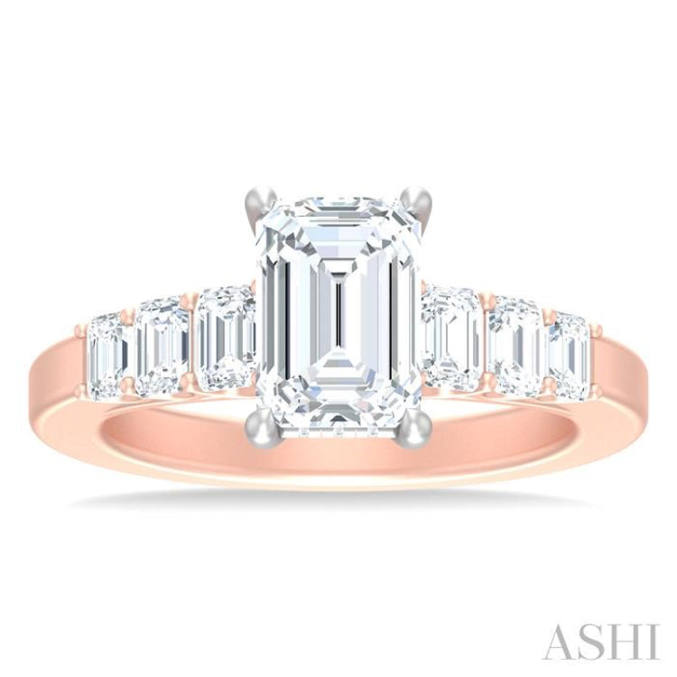 1 ctw Emerald Shape Emerald and Round Cut Diamond Semi Mount Engagement Ring in 14K Rose and White Gold