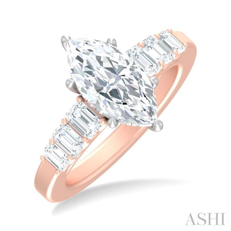 1 ctw Marquise Shape Emerald and Round Cut Diamond Semi Mount Engagement Ring in 14K Rose and White Gold