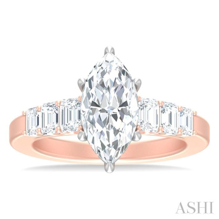 1 ctw Marquise Shape Emerald and Round Cut Diamond Semi Mount Engagement Ring in 14K Rose and White Gold