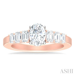 1 ctw Oval Shape Emerald and Round Cut Diamond Semi Mount Engagement Ring in 14K Rose and White Gold