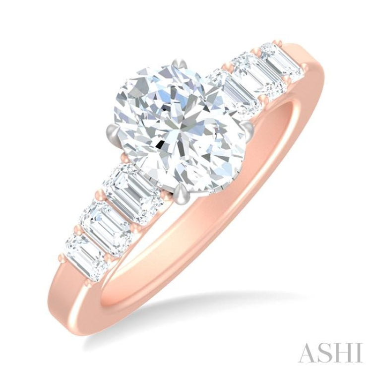 1 ctw Oval Shape Emerald and Round Cut Diamond Semi Mount Engagement Ring in 14K Rose and White Gold